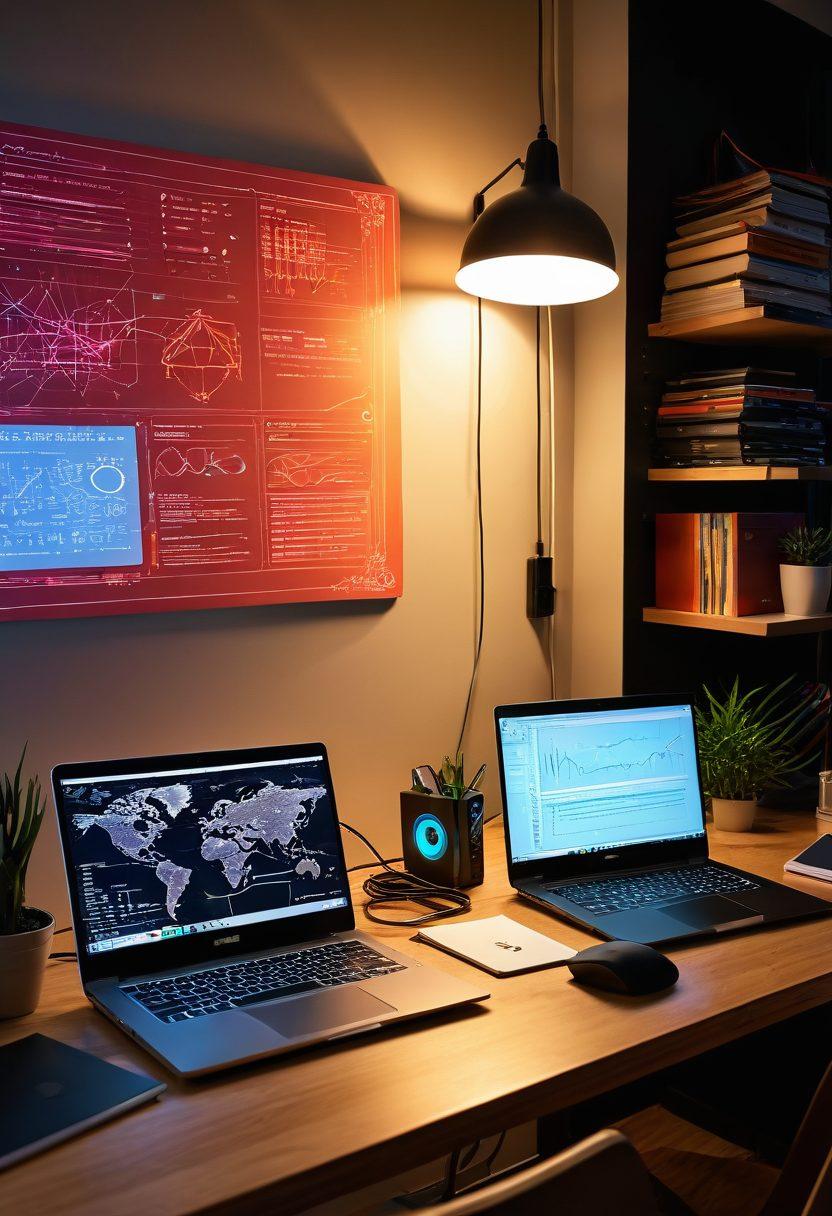 A creative workspace with a glowing laptop displaying DD-WRT interface, surrounded by network cables and routers, and a diary open with sketches of network diagrams. Soft light casting a warm ambiance, symbolizing mastery. Include subtle tech elements like binary code in the background. vibrant colors. super-realistic.