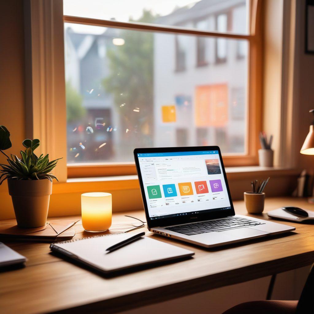 A modern workspace showcasing a laptop with a blogging interface open, surrounded by open-source software icons hovering above. In the background, a sleek router representing DD-WRT is glowing with connectivity symbols. Soft light streams through a window, creating a warm ambiance. A coffee mug and notepad with ideas are on the desk. super-realistic. vibrant colors. warm tones.